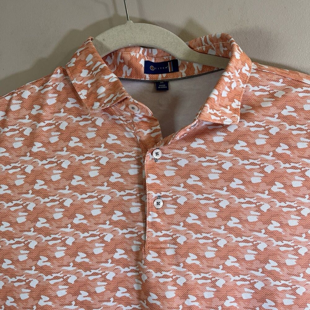 Stitch Golf Polo Shirt Mens XL  Orange Camo Print Casual Stretch 201SA0011